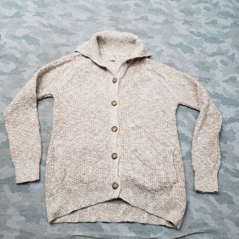 L.L. Bean Cardigan Sweater Womens Medium Tan Waffle Knit Shawl Collar Button Up